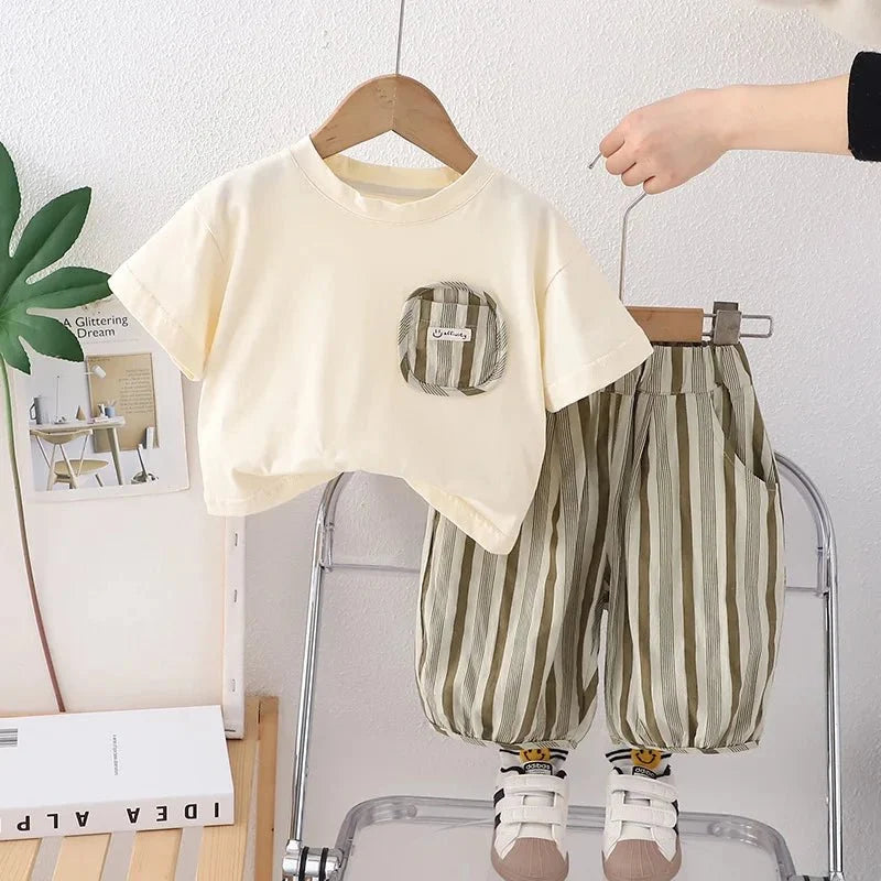 Summer Kid's Clothing Sets Boys' Short Sleeve Outfit Vertical Stripes T-shirt Pants 2Pcs Trendy Children's Costume Stylish - Mom & Kids