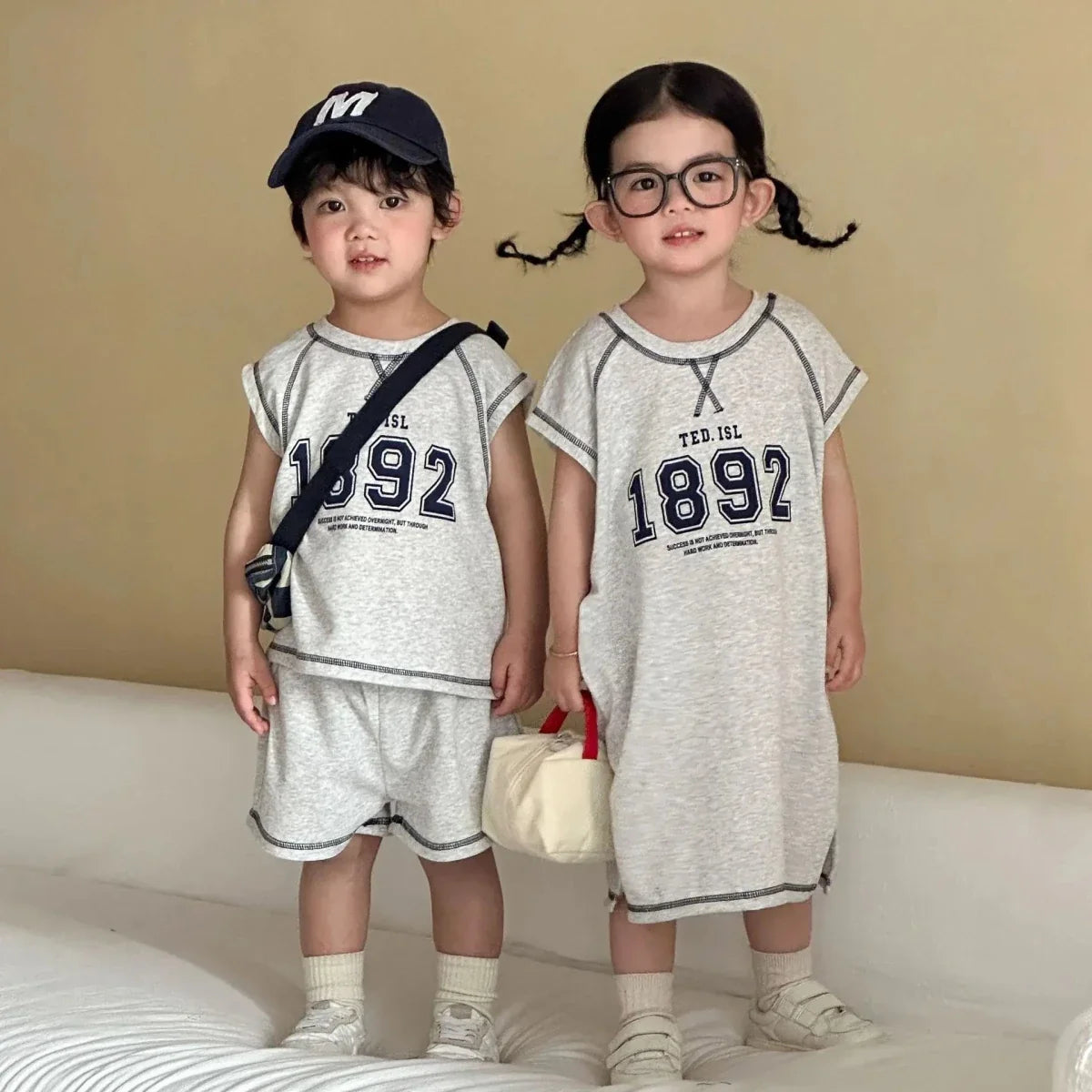 Summer New Children Short Sleeve Clothes Set Boys Letter Print T Shirts 2pcs Suit Girls Vest Dress Kids Brother Sisters Set - Mom & Kids