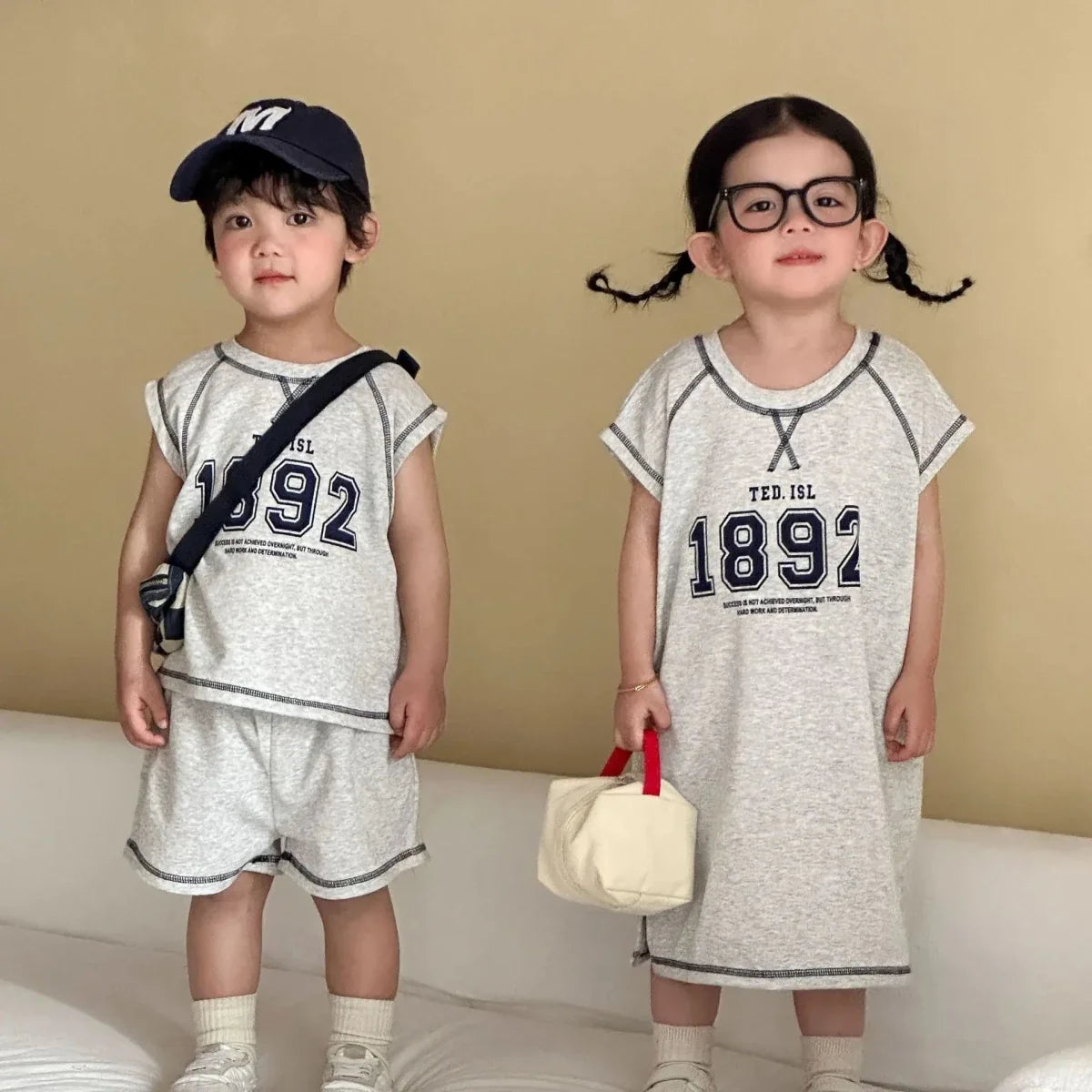 Summer New Children Short Sleeve Clothes Set Boys Letter Print T Shirts 2pcs Suit Girls Vest Dress Kids Brother Sisters Set - Mom & Kids