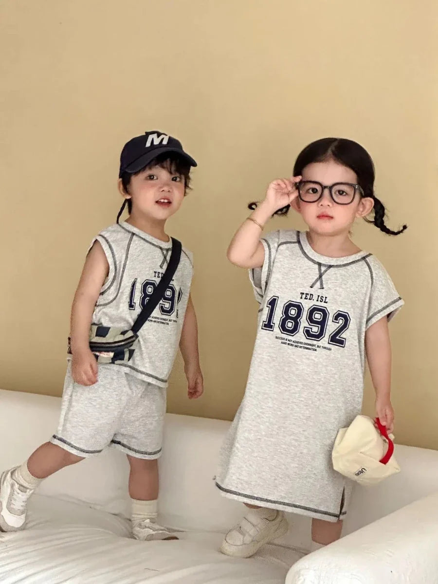 Summer New Children Short Sleeve Clothes Set Boys Letter Print T Shirts 2pcs Suit Girls Vest Dress Kids Brother Sisters Set - Mom & Kids