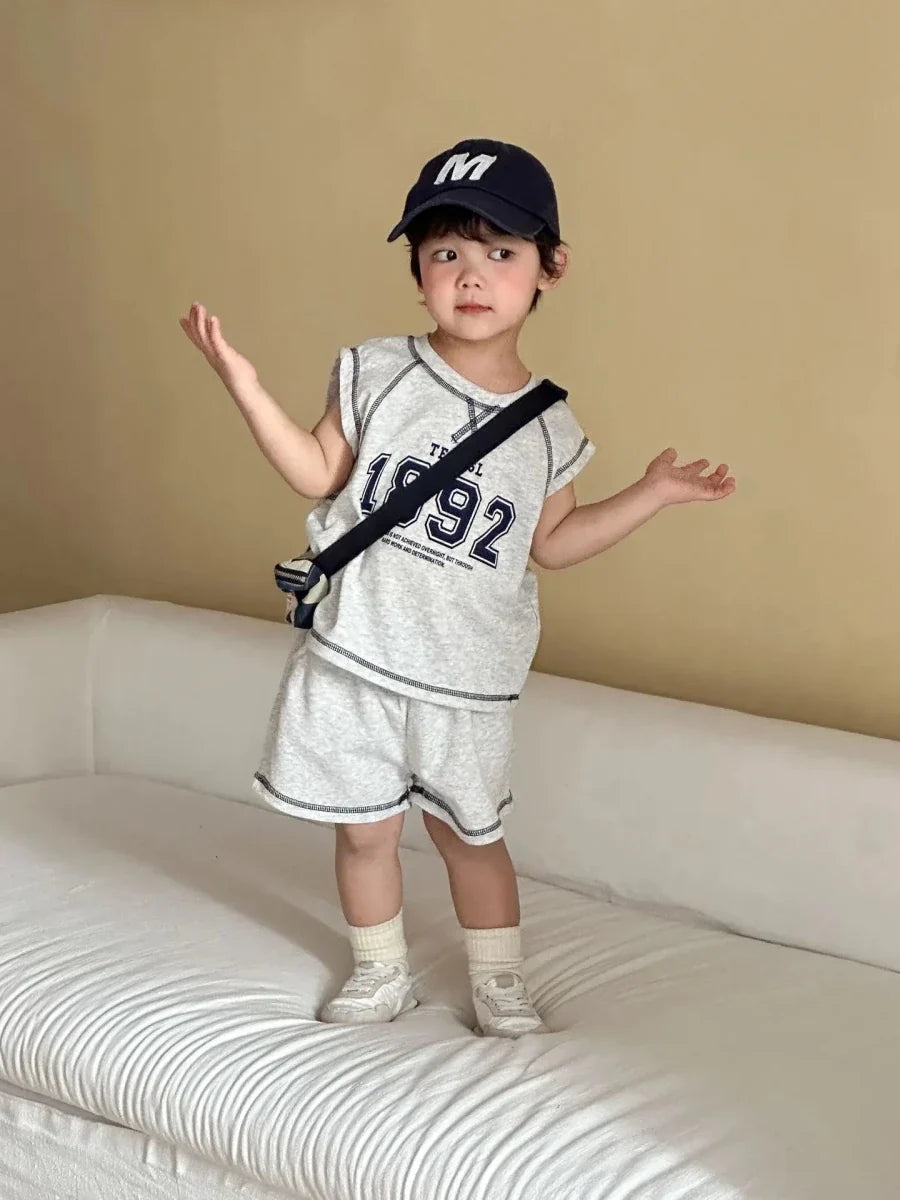 Summer New Children Short Sleeve Clothes Set Boys Letter Print T Shirts 2pcs Suit Girls Vest Dress Kids Brother Sisters Set - Mom & Kids