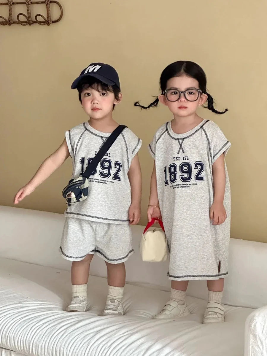 Summer New Children Short Sleeve Clothes Set Boys Letter Print T Shirts 2pcs Suit Girls Vest Dress Kids Brother Sisters Set - Mom & Kids