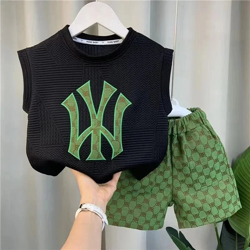 Summer Sport Casual Suit Baby Boys Clothes Kids Outfits Sleeveless T-Shirt Tops And Pants 2PCS Embroidery Clothing Girls