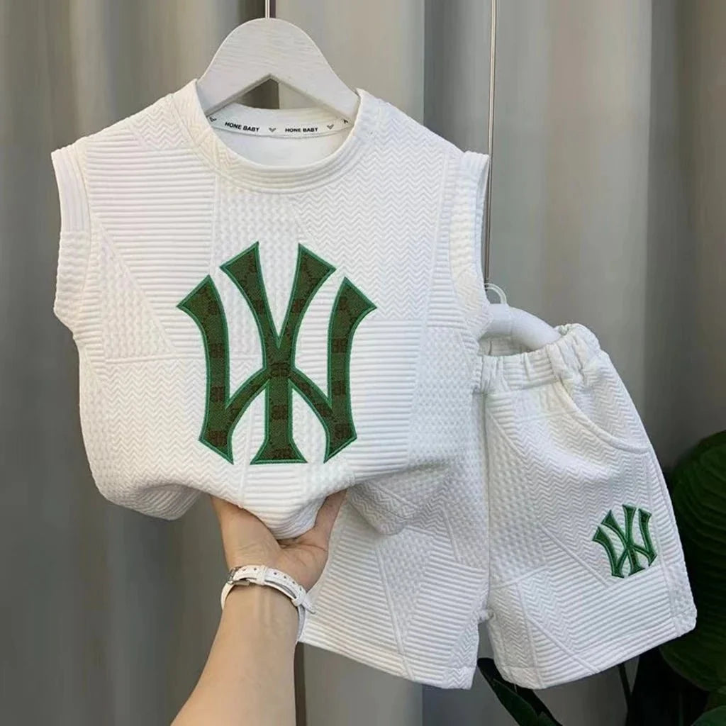 Summer Sport Casual Suit Baby Boys Clothes Kids Outfits Sleeveless T-Shirt Tops And Pants 2PCS Embroidery Clothing Girls