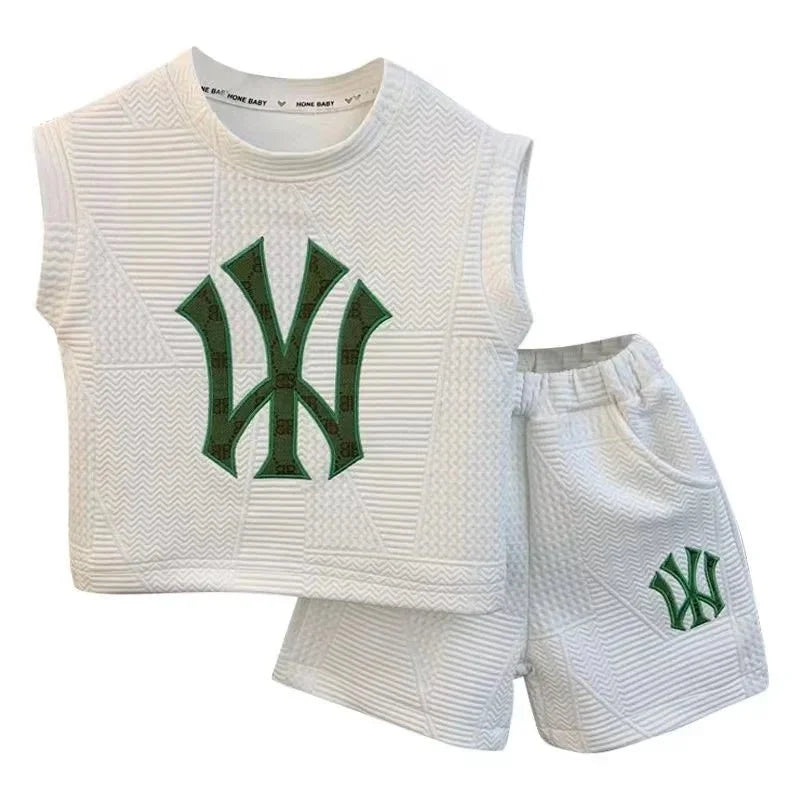 Summer Sport Casual Suit Baby Boys Clothes Kids Outfits Sleeveless T-Shirt Tops And Pants 2PCS Embroidery Clothing Girls