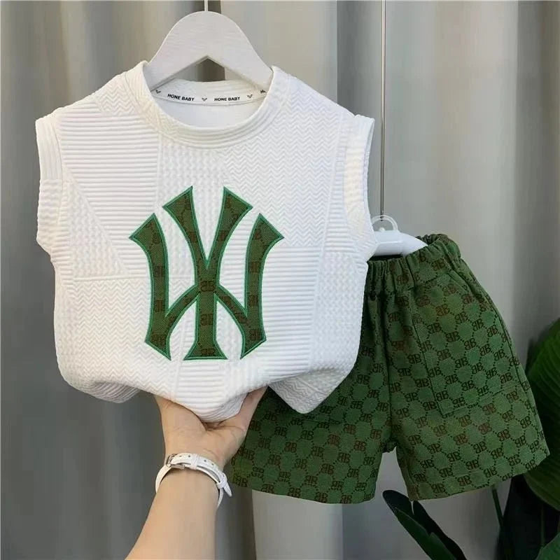 Summer Sport Casual Suit Baby Boys Clothes Kids Outfits Sleeveless T-Shirt Tops And Pants 2PCS Embroidery Clothing Girls