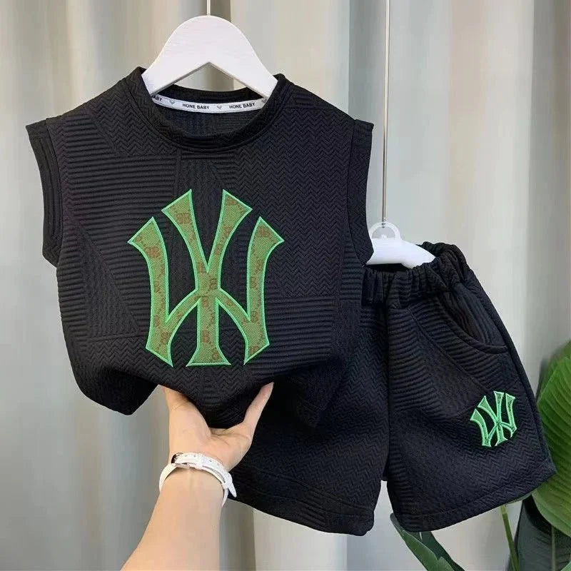 Summer Sport Casual Suit Baby Boys Clothes Kids Outfits Sleeveless T-Shirt Tops And Pants 2PCS Embroidery Clothing Girls