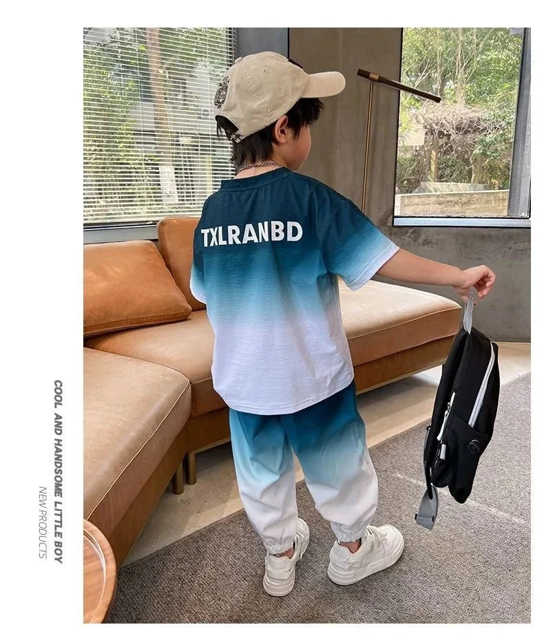 Summer teenager Boys Sports Suit Letter T Shirt + hip hop shorts Pants Kids Clothes Tracksuit 4 5 6 7 8 9 10 11 12 Years