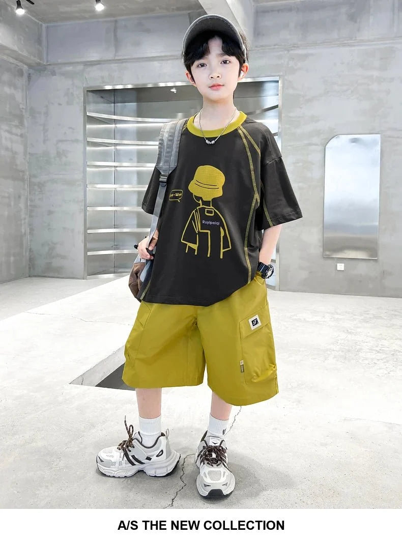 Teenage Summer Tracksuit for Boy with Shorts Tshirt 2 Piece Top and Bottom Clothes Set Kids Child Casual Cotton Outfit Suit