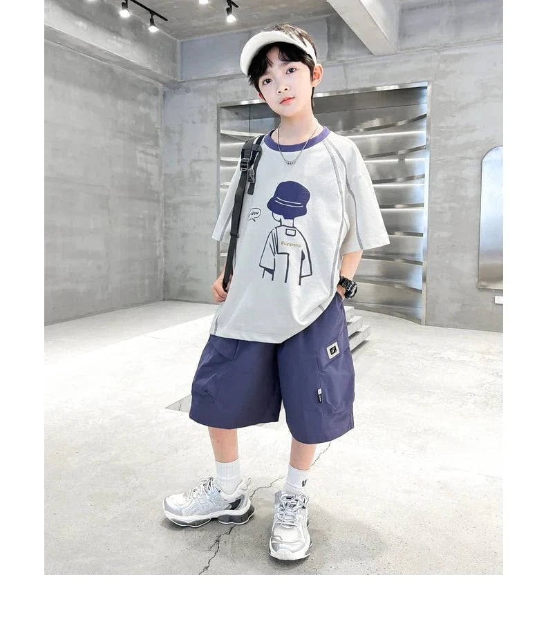 Teenage Summer Tracksuit for Boy with Shorts Tshirt 2 Piece Top and Bottom Clothes Set Kids Child Casual Cotton Outfit Suit