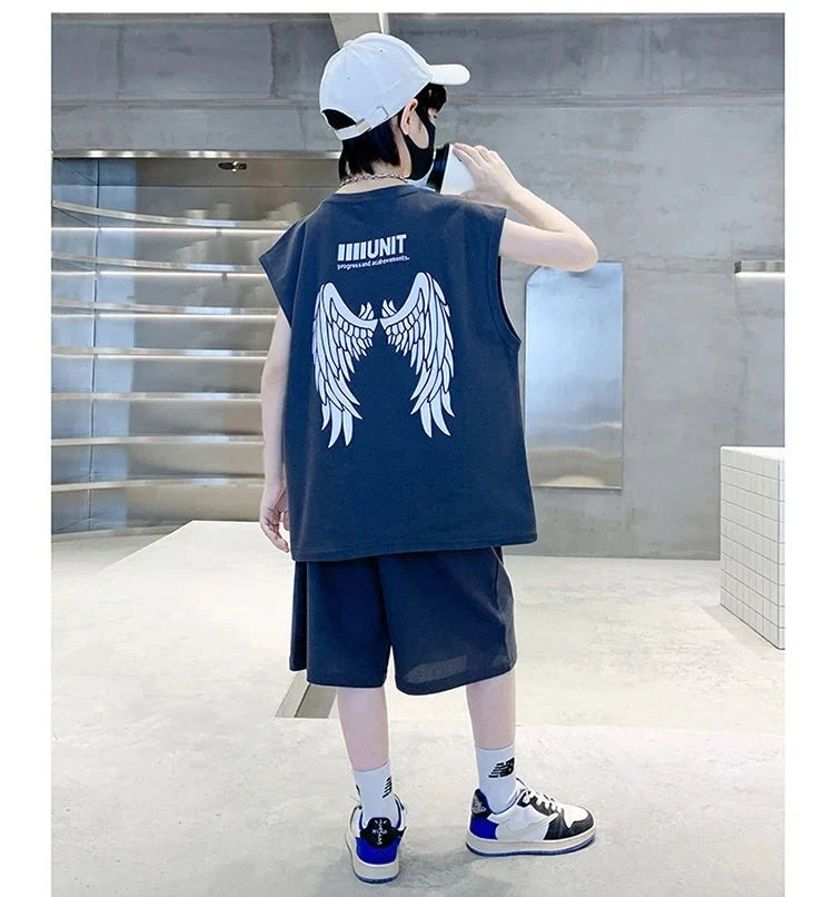 Teenage Summer Tracksuit for Boy with Shorts Tshirt 2 Piece Top and Bottom Clothes Set Kids Child Casual Cotton Outfit Suit