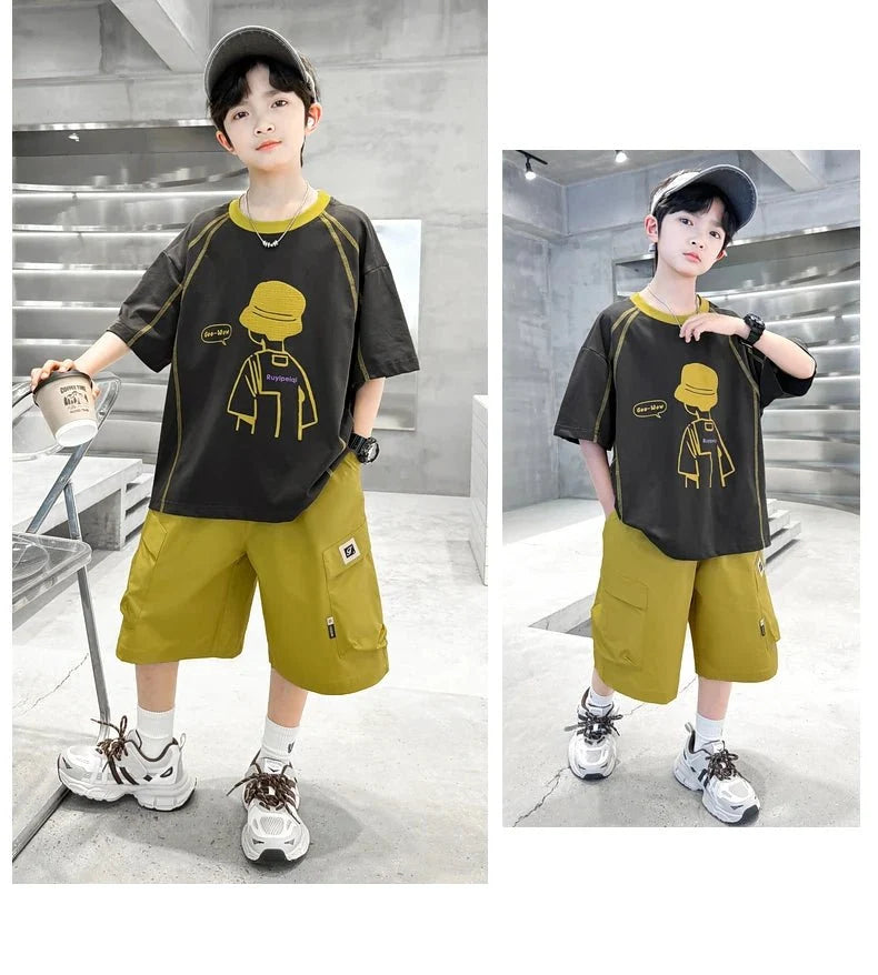 Teenage Summer Tracksuit for Boy with Shorts Tshirt 2 Piece Top and Bottom Clothes Set Kids Child Casual Cotton Outfit Suit