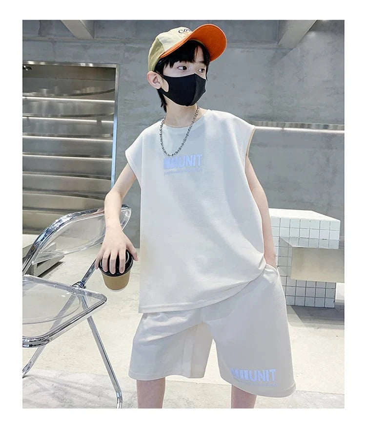 Teenage Summer Tracksuit for Boy with Shorts Tshirt 2 Piece Top and Bottom Clothes Set Kids Child Casual Cotton Outfit Suit