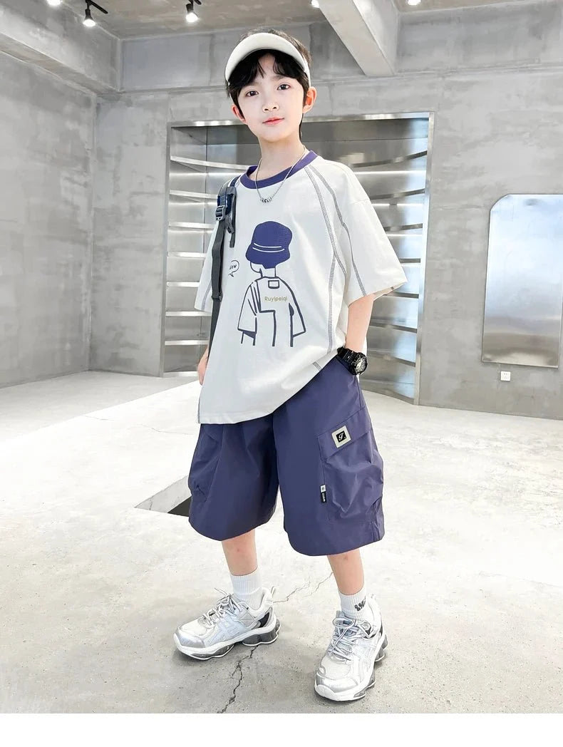 Teenage Summer Tracksuit for Boy with Shorts Tshirt 2 Piece Top and Bottom Clothes Set Kids Child Casual Cotton Outfit Suit