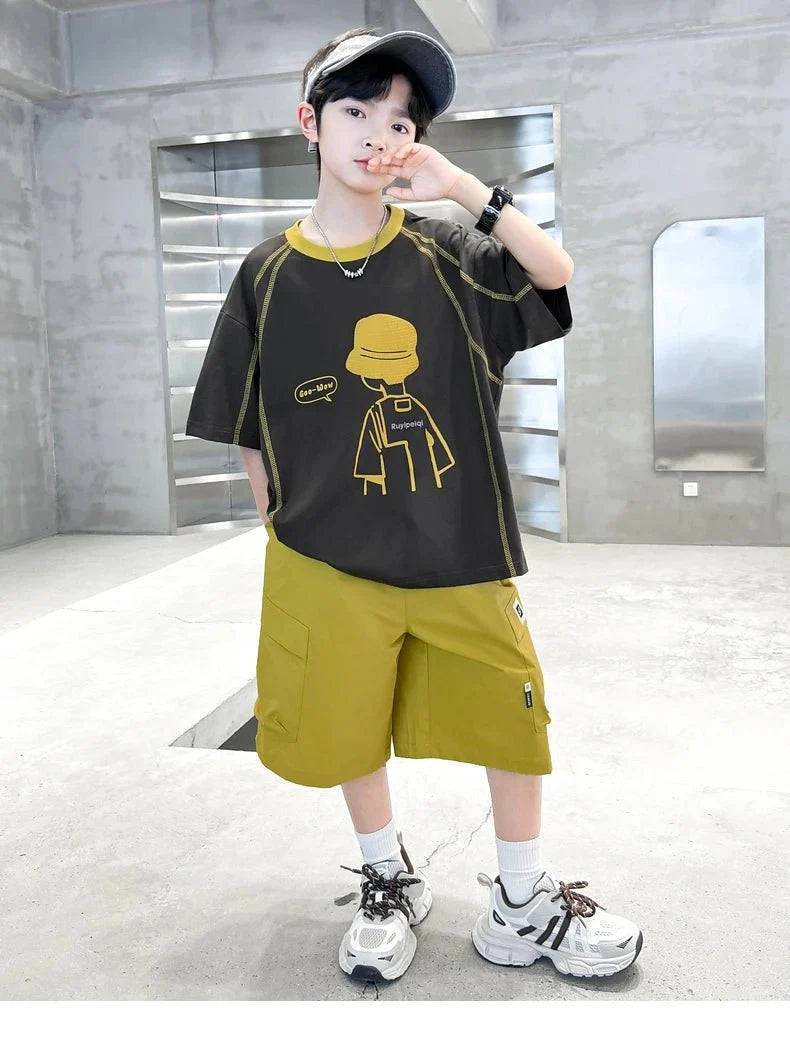 Teenage Summer Tracksuit for Boy with Shorts Tshirt 2 Piece Top and Bottom Clothes Set Kids Child Casual Cotton Outfit Suit