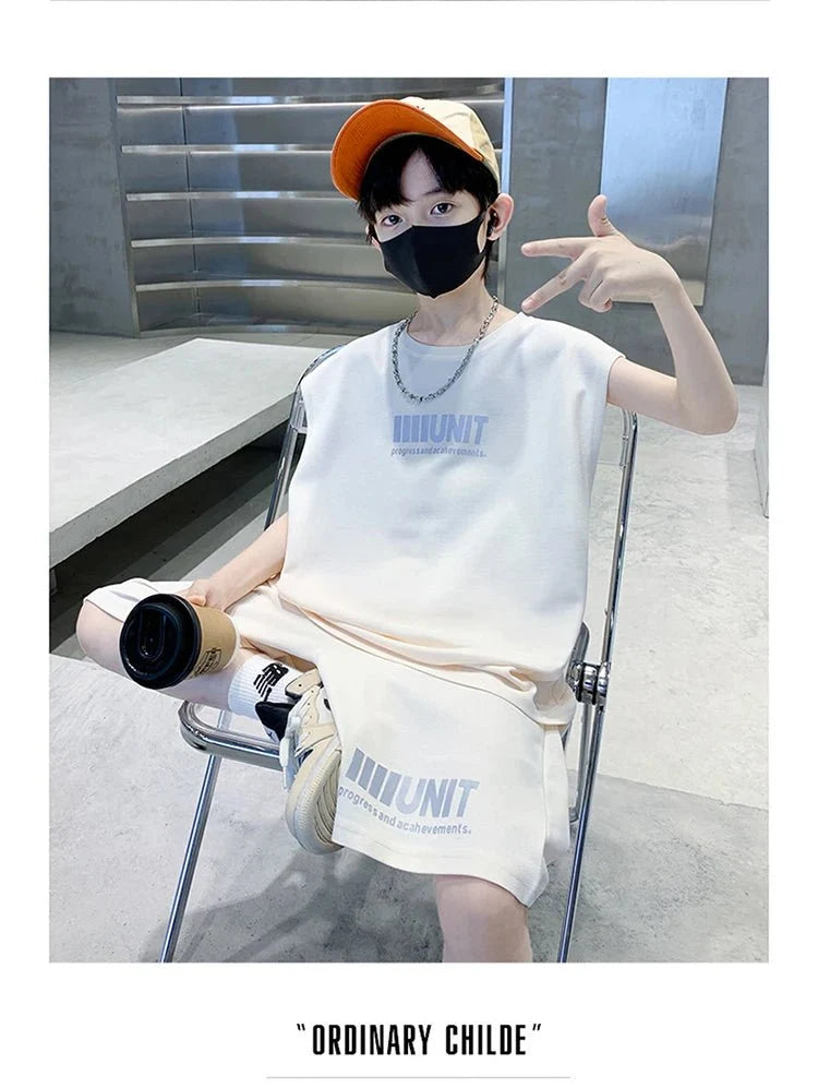 Teenage Summer Tracksuit for Boy with Shorts Tshirt 2 Piece Top and Bottom Clothes Set Kids Child Casual Cotton Outfit Suit