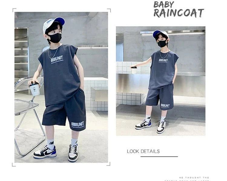 Teenage Summer Tracksuit for Boy with Shorts Tshirt 2 Piece Top and Bottom Clothes Set Kids Child Casual Cotton Outfit Suit