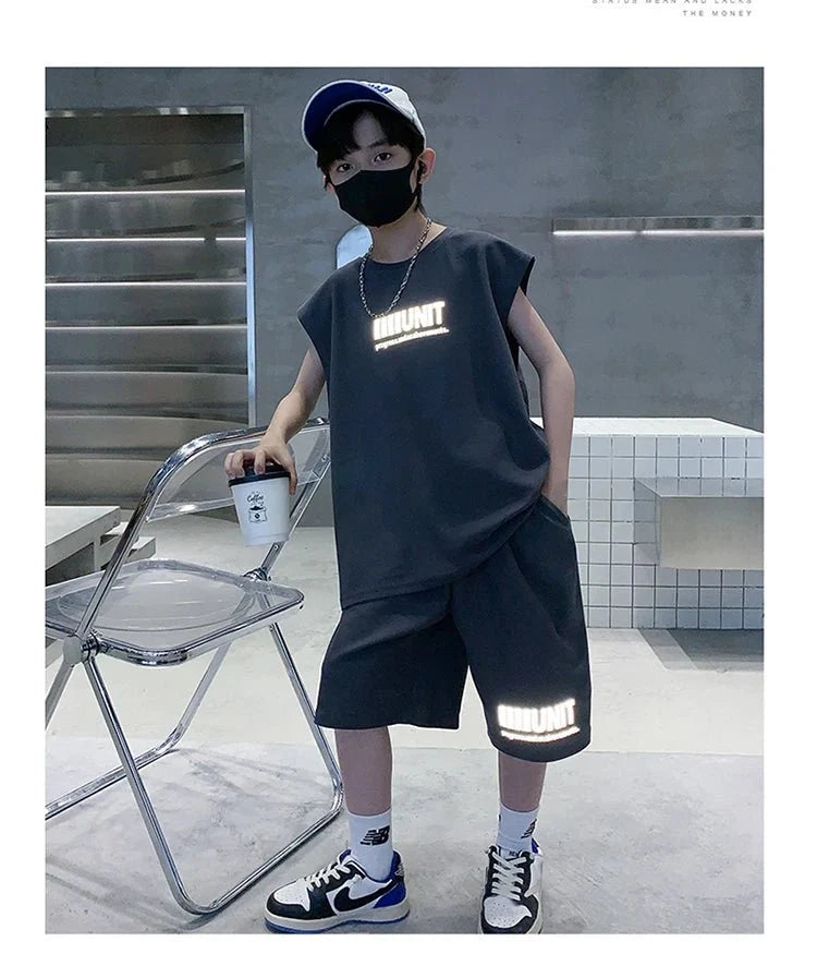 Teenage Summer Tracksuit for Boy with Shorts Tshirt 2 Piece Top and Bottom Clothes Set Kids Child Casual Cotton Outfit Suit