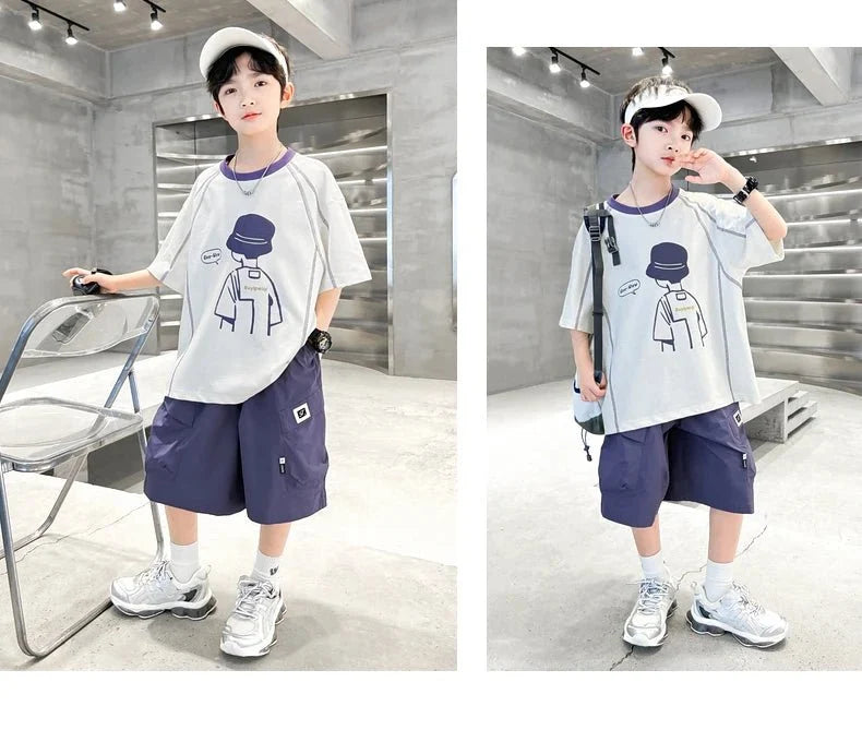 Teenage Summer Tracksuit for Boy with Shorts Tshirt 2 Piece Top and Bottom Clothes Set Kids Child Casual Cotton Outfit Suit