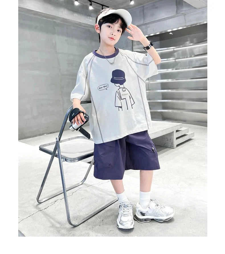 Teenage Summer Tracksuit for Boy with Shorts Tshirt 2 Piece Top and Bottom Clothes Set Kids Child Casual Cotton Outfit Suit