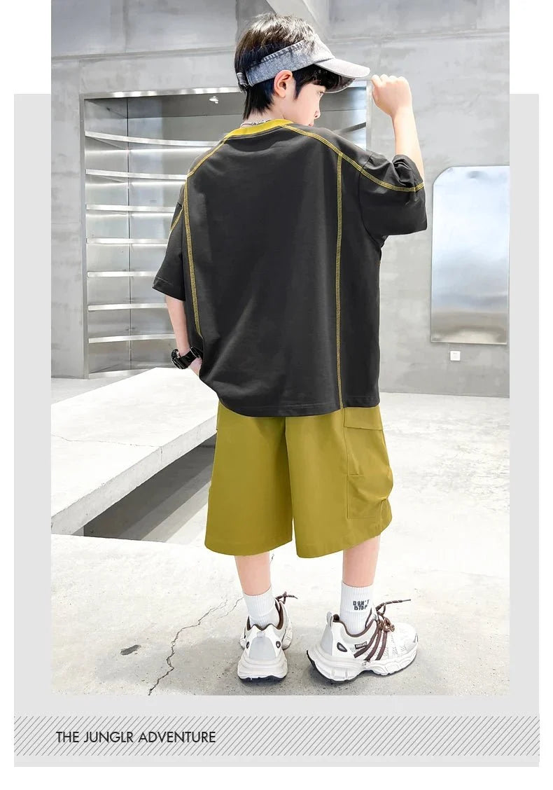 Teenage Summer Tracksuit for Boy with Shorts Tshirt 2 Piece Top and Bottom Clothes Set Kids Child Casual Cotton Outfit Suit