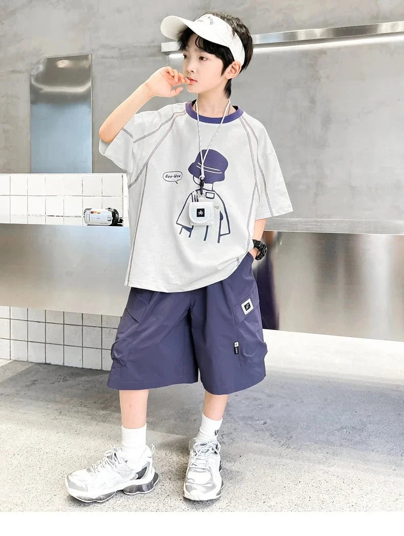 Teenage Summer Tracksuit for Boy with Shorts Tshirt 2 Piece Top and Bottom Clothes Set Kids Child Casual Cotton Outfit Suit