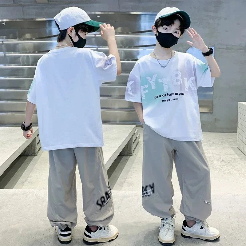 Teenager Boys Clothes Casual Outfit Kids Gradient Tracksuit Child t shirt + ankle tie pant - Boys Summer & Party Dresses