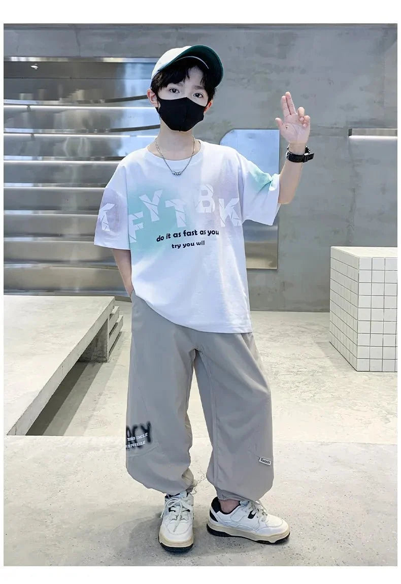 Teenager Boys Clothes Casual Outfit Kids Gradient Tracksuit Child t shirt + ankle tie pant - Boys Summer & Party Dresses