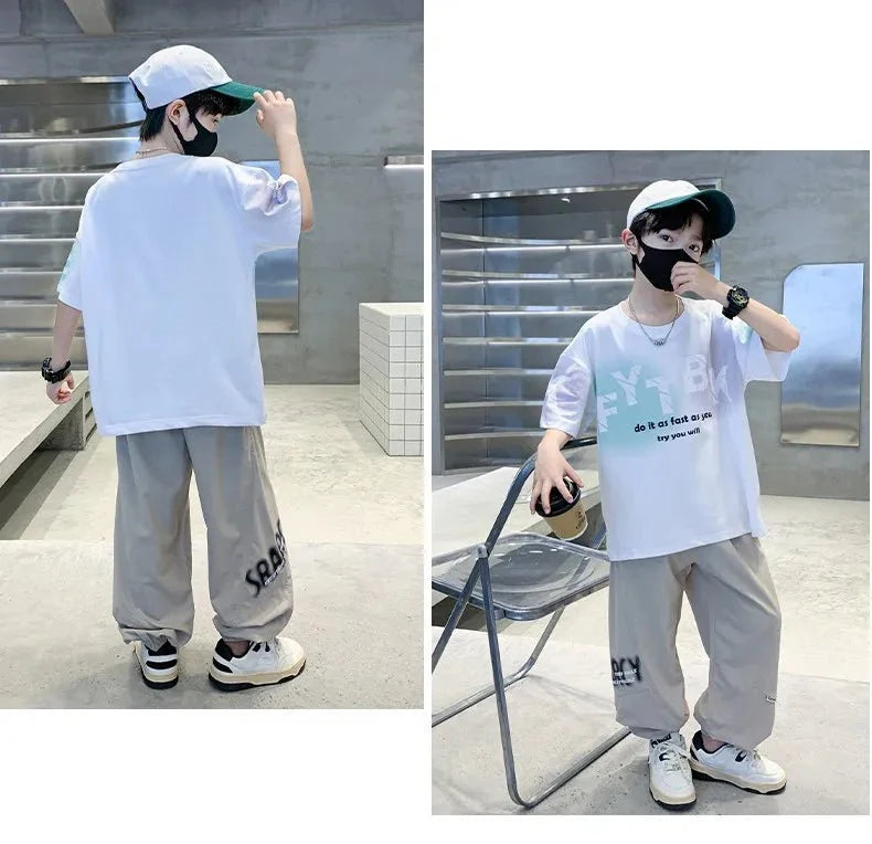 Teenager Boys Clothes Casual Outfit Kids Gradient Tracksuit Child t shirt + ankle tie pant - Boys Summer & Party Dresses