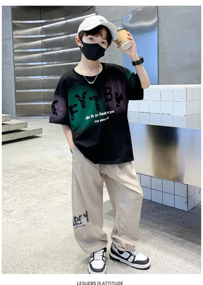Teenager Boys Clothes Casual Outfit Kids Gradient Tracksuit Child t shirt + ankle tie pant - Boys Summer & Party Dresses