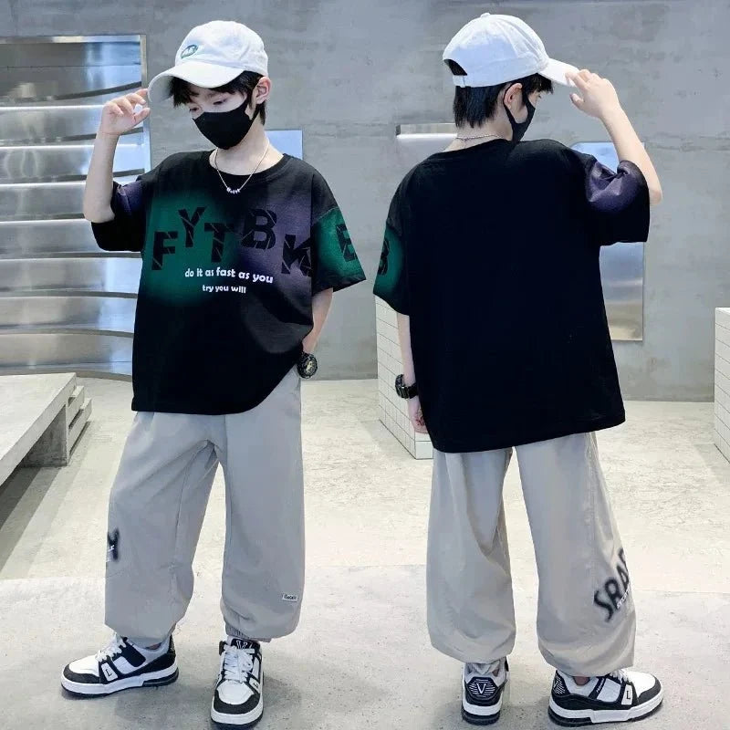 Teenager Boys Clothes Casual Outfit Kids Gradient Tracksuit Child t shirt + ankle tie pant - Boys Summer & Party Dresses