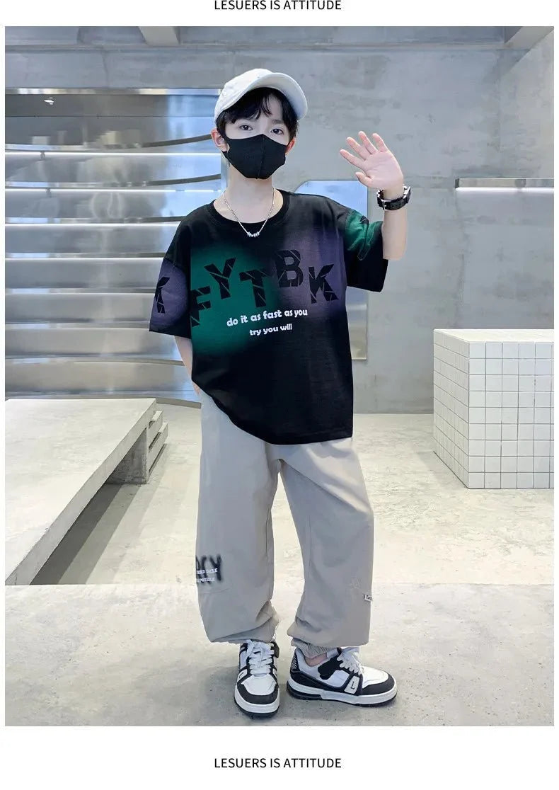 Teenager Boys Clothes Casual Outfit Kids Gradient Tracksuit Child t shirt + ankle tie pant - Boys Summer & Party Dresses