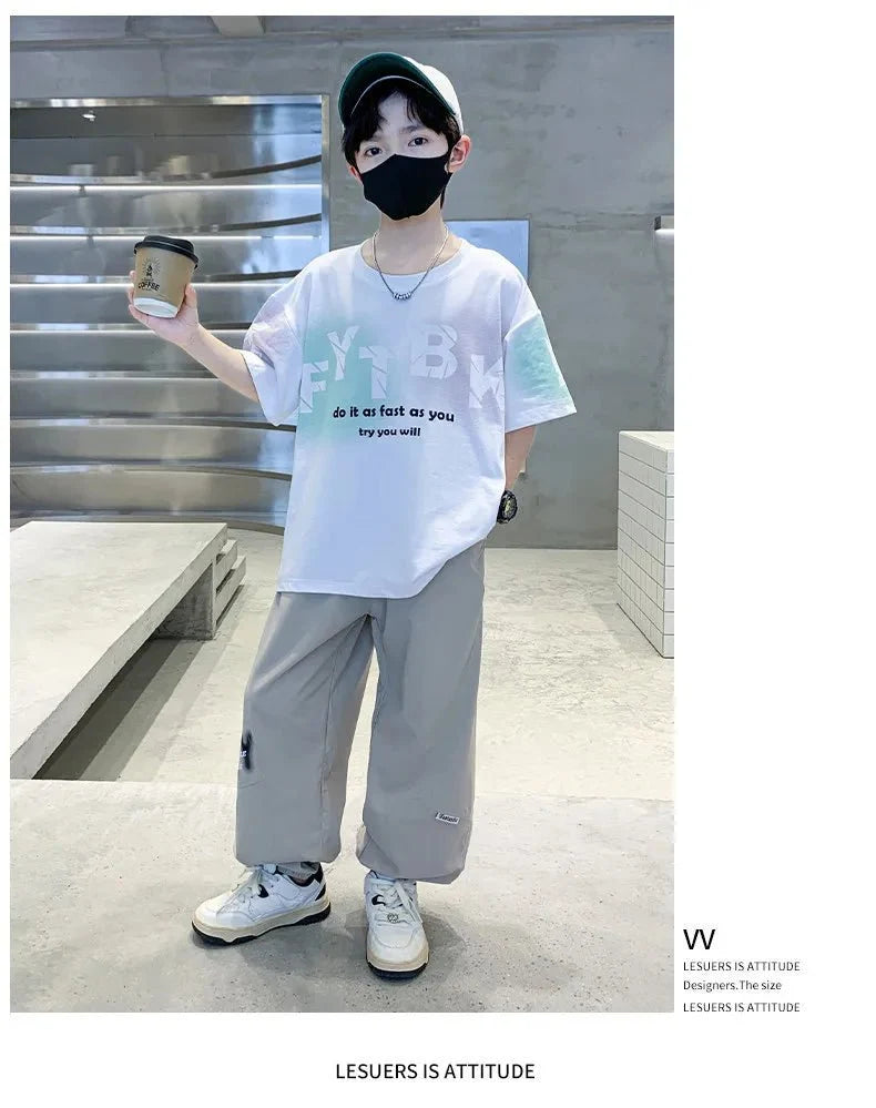 Teenager Boys Clothes Casual Outfit Kids Gradient Tracksuit Child t shirt + ankle tie pant - Boys Summer & Party Dresses