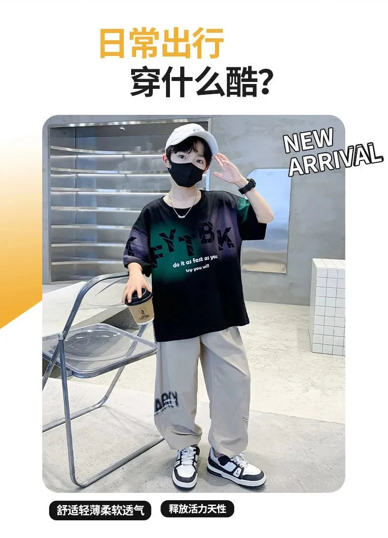 Teenager Boys Clothes Casual Outfit Kids Gradient Tracksuit Child t shirt + ankle tie pant - Boys Summer & Party Dresses