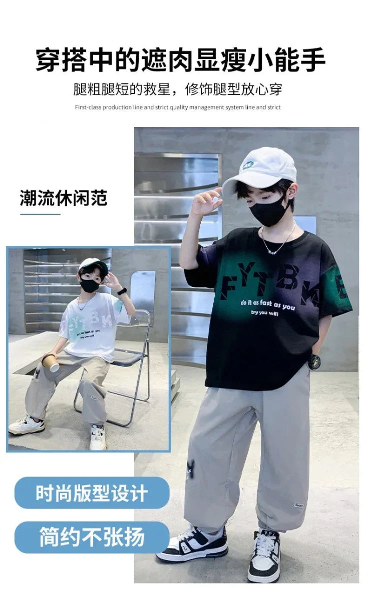 Teenager Boys Clothes Casual Outfit Kids Gradient Tracksuit Child t shirt + ankle tie pant - Boys Summer & Party Dresses