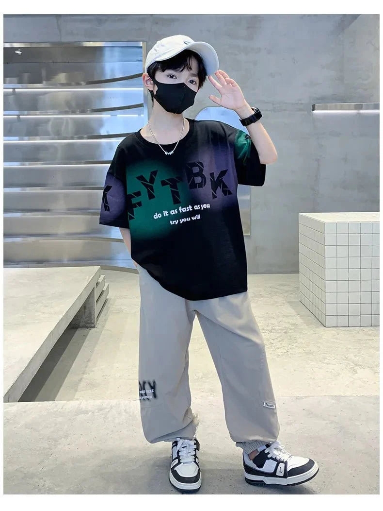 Teenager Boys Clothes Casual Outfit Kids Gradient Tracksuit Child t shirt + ankle tie pant - Boys Summer & Party Dresses