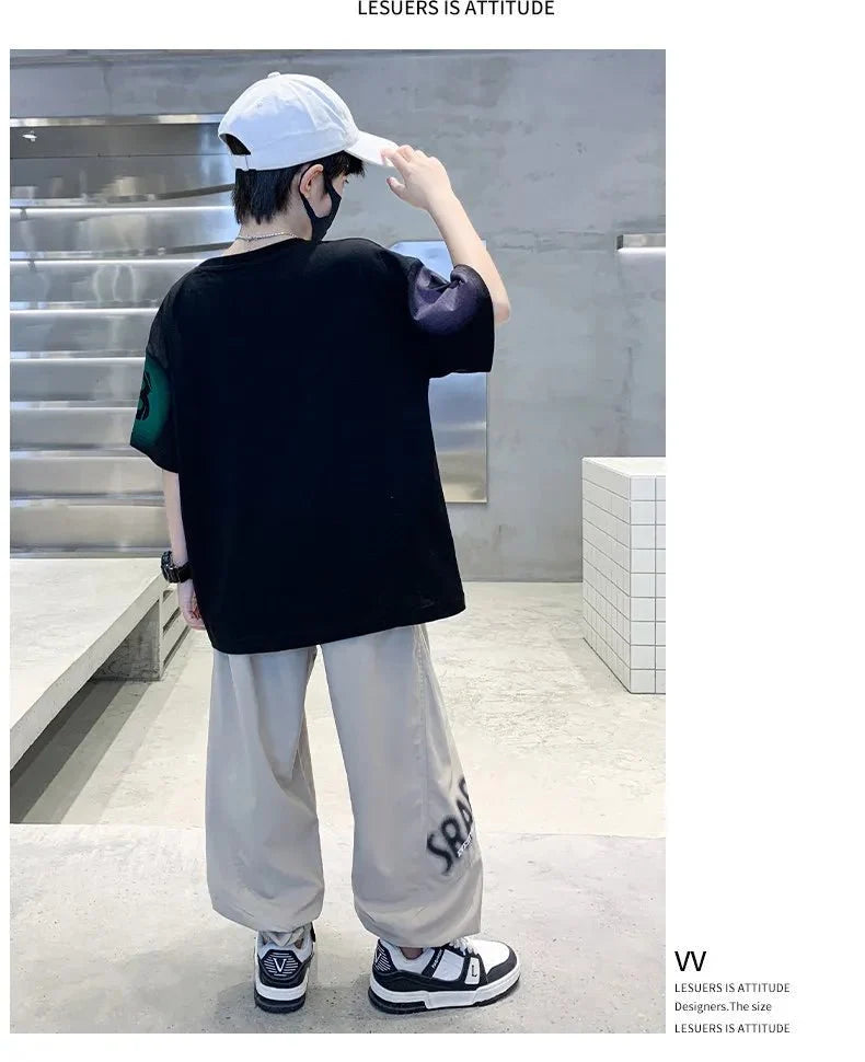 Teenager Boys Clothes Casual Outfit Kids Gradient Tracksuit Child t shirt + ankle tie pant - Boys Summer & Party Dresses