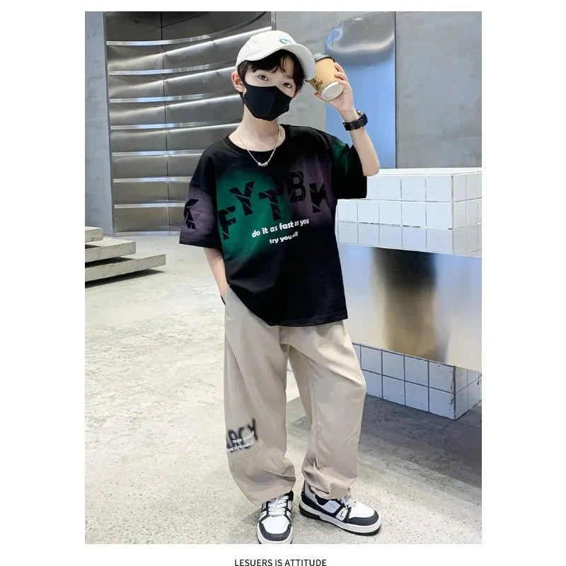 Teenager Boys Clothes Casual Outfit Kids Gradient Tracksuit Child t shirt + ankle tie pant - Boys Summer & Party Dresses