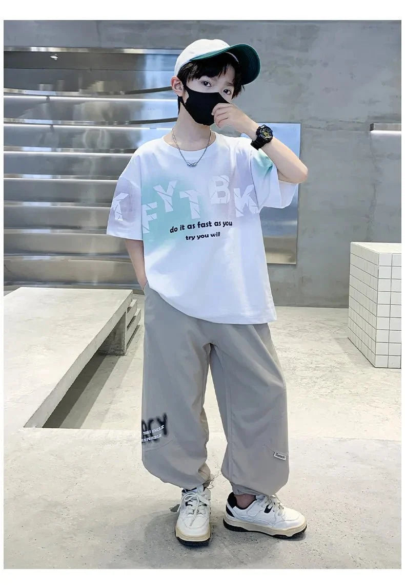 Teenager Boys Clothes Casual Outfit Kids Gradient Tracksuit Child t shirt + ankle tie pant - Boys Summer & Party Dresses