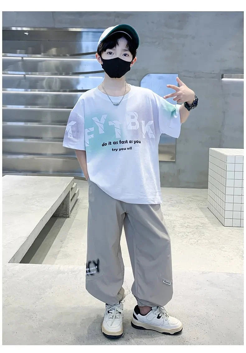 Teenager Boys Clothes Casual Outfit Kids Gradient Tracksuit Child t shirt + ankle tie pant - Boys Summer & Party Dresses