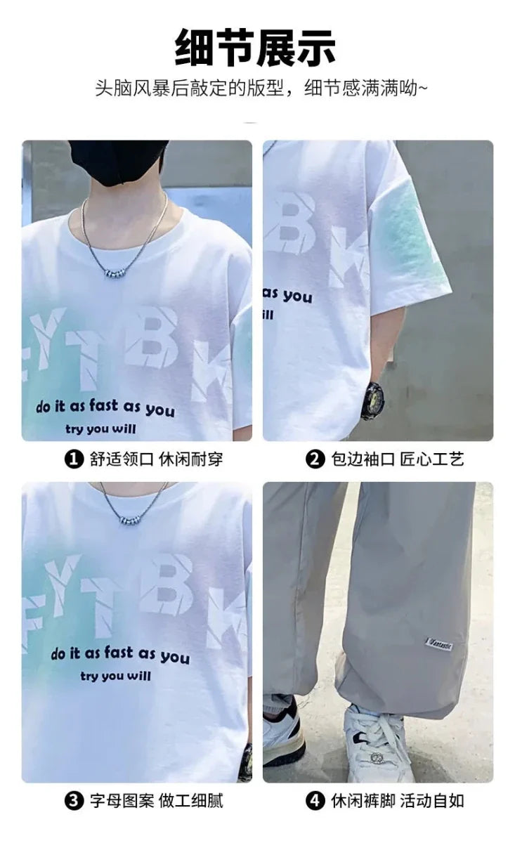 Teenager Boys Clothes Casual Outfit Kids Gradient Tracksuit Child t shirt + ankle tie pant - Boys Summer & Party Dresses