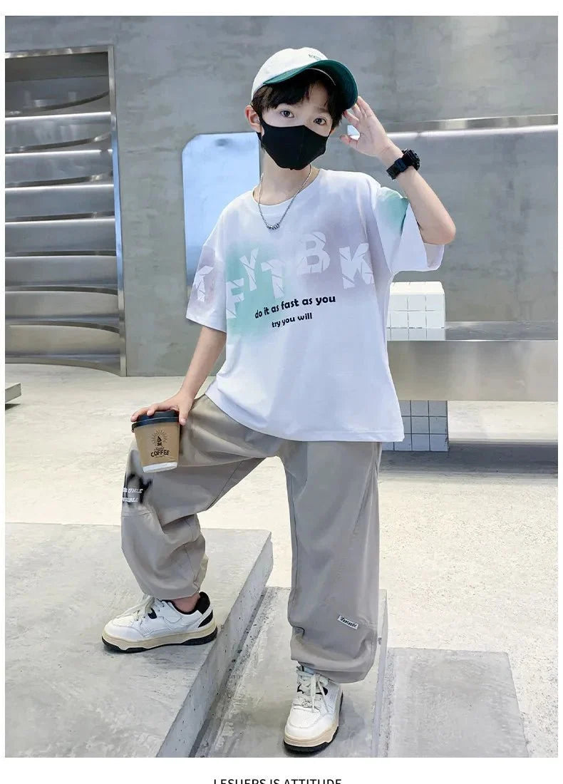 Teenager Boys Clothes Casual Outfit Kids Gradient Tracksuit Child t shirt + ankle tie pant - Boys Summer & Party Dresses