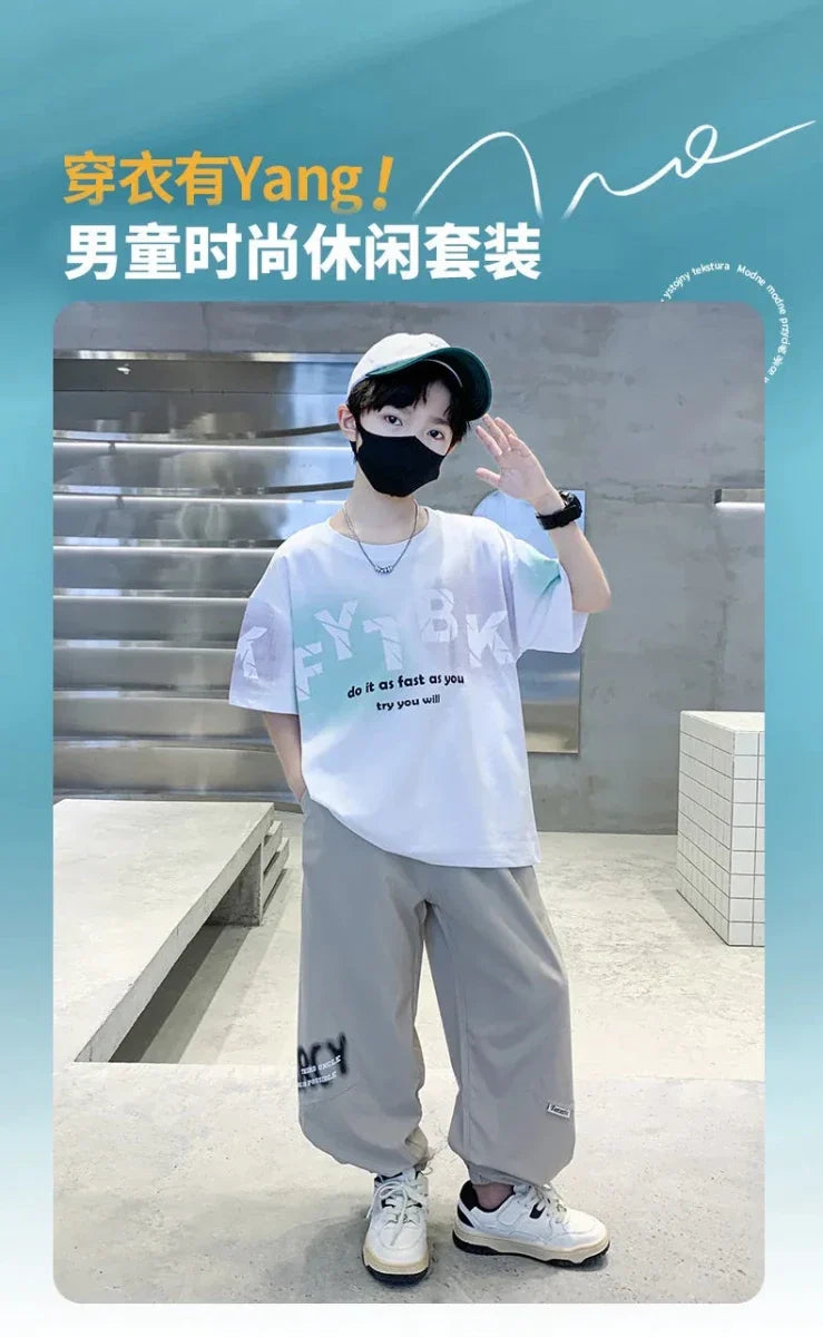 Teenager Boys Clothes Casual Outfit Kids Gradient Tracksuit Child t shirt + ankle tie pant - Boys Summer & Party Dresses