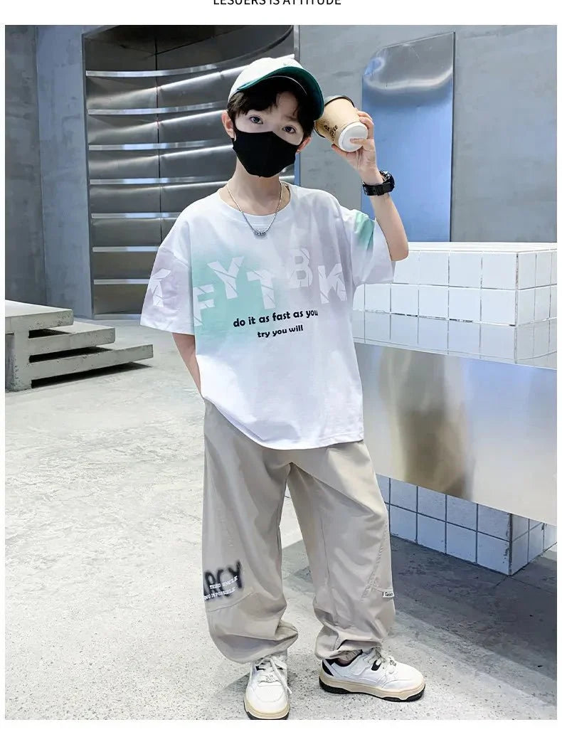 Teenager Boys Clothes Casual Outfit Kids Gradient Tracksuit Child t shirt + ankle tie pant - Boys Summer & Party Dresses