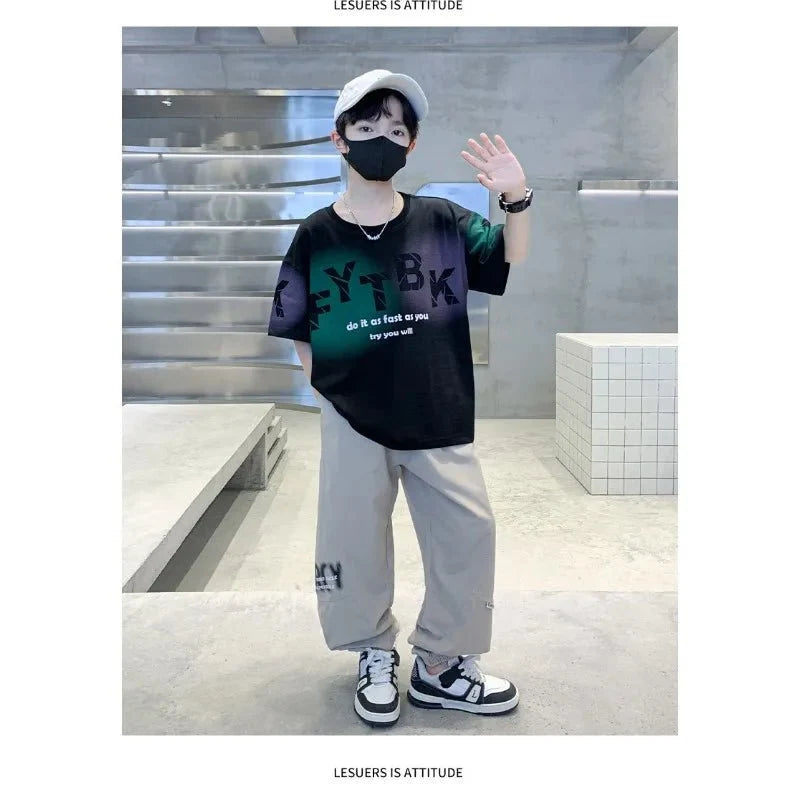 Teenager Boys Clothes Casual Outfit Kids Gradient Tracksuit Child t shirt + ankle tie pant - Boys Summer & Party Dresses