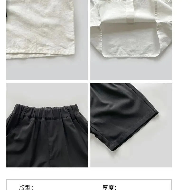 Teens Boys Summer Set Children's Wear Thin 2025 New Handsome British Style Boy White Cotton Short Sleeved Shirt+Black