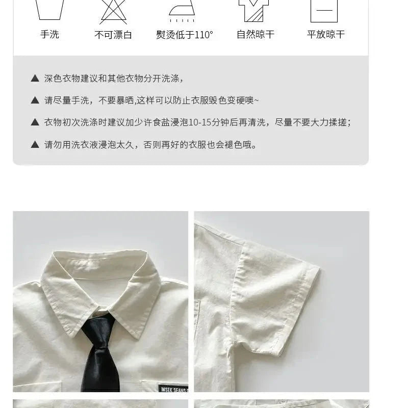 Teens Boys Summer Set Children's Wear Thin 2025 New Handsome British Style Boy White Cotton Short Sleeved Shirt+Black