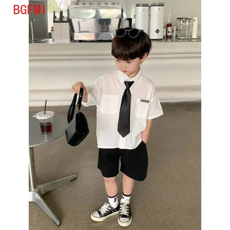 Teens Boys Summer Set Children's Wear Thin 2025 New Handsome British Style Boy White Cotton Short Sleeved Shirt+Black
