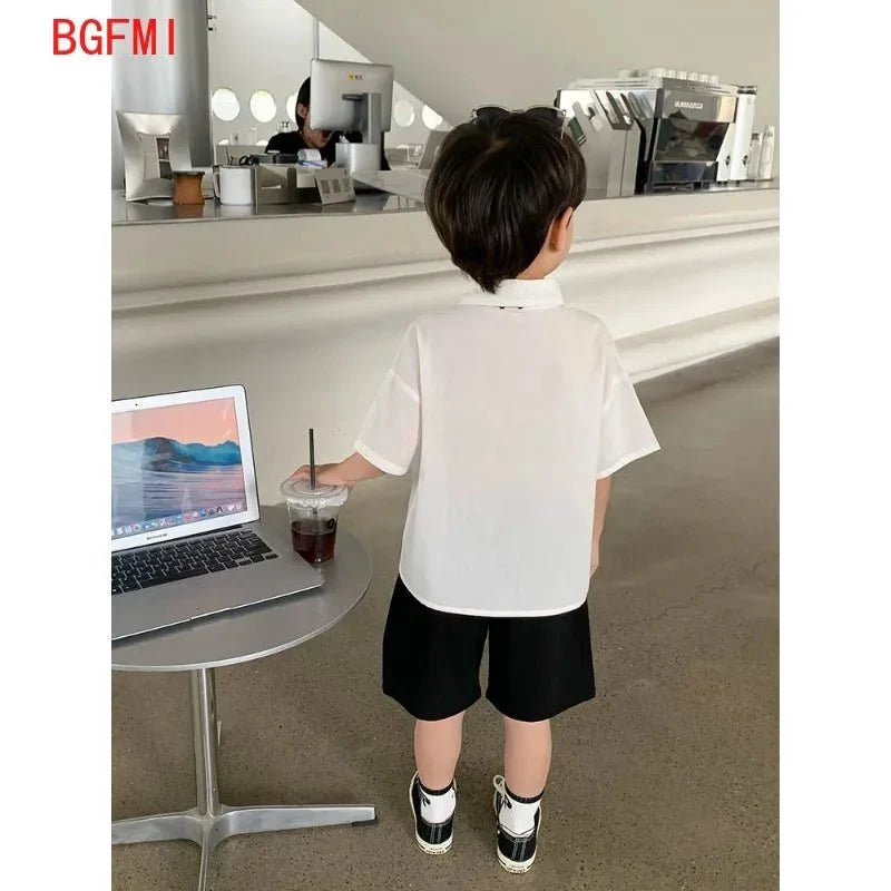 Teens Boys Summer Set Children's Wear Thin 2025 New Handsome British Style Boy White Cotton Short Sleeved Shirt+Black