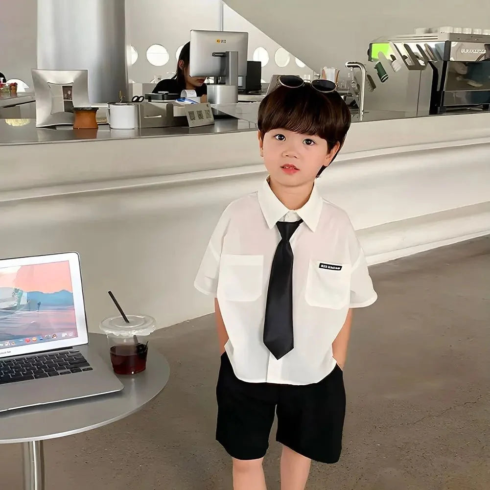 Teens Boys Summer Set Children's Wear Thin 2025 New Handsome British Style Boy White Cotton Short Sleeved Shirt+Black